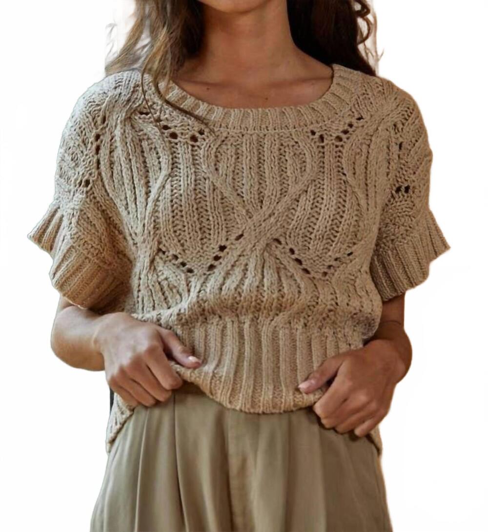 NEW BY TOGETHER knit sweater crochet short sleeve top in taupe